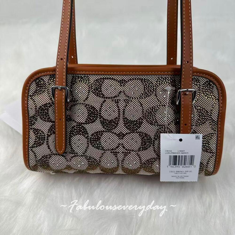 Coach Swing Zip Bag 20 Crystal Signature Jacquard Silver/Burnished Amber CBH53 - Picture 4 of 10